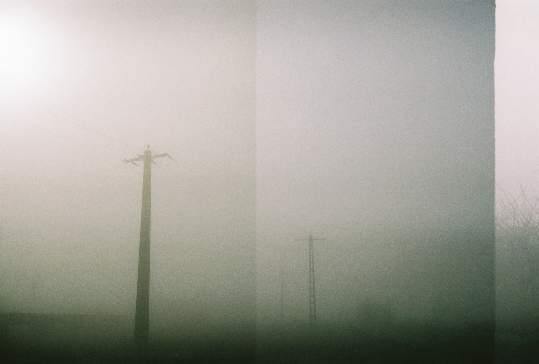 Photo of foggy field, with film artefacts, prominent grain, with an eery feel.